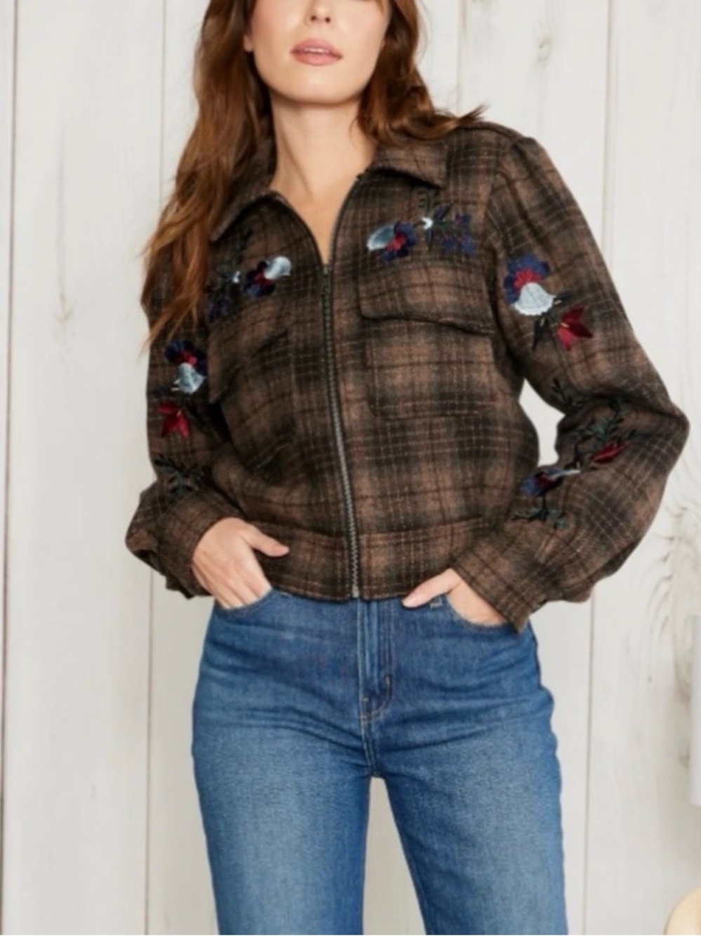 DRIFTWOOD Brown Plaid Embroidered Bomber Jacket